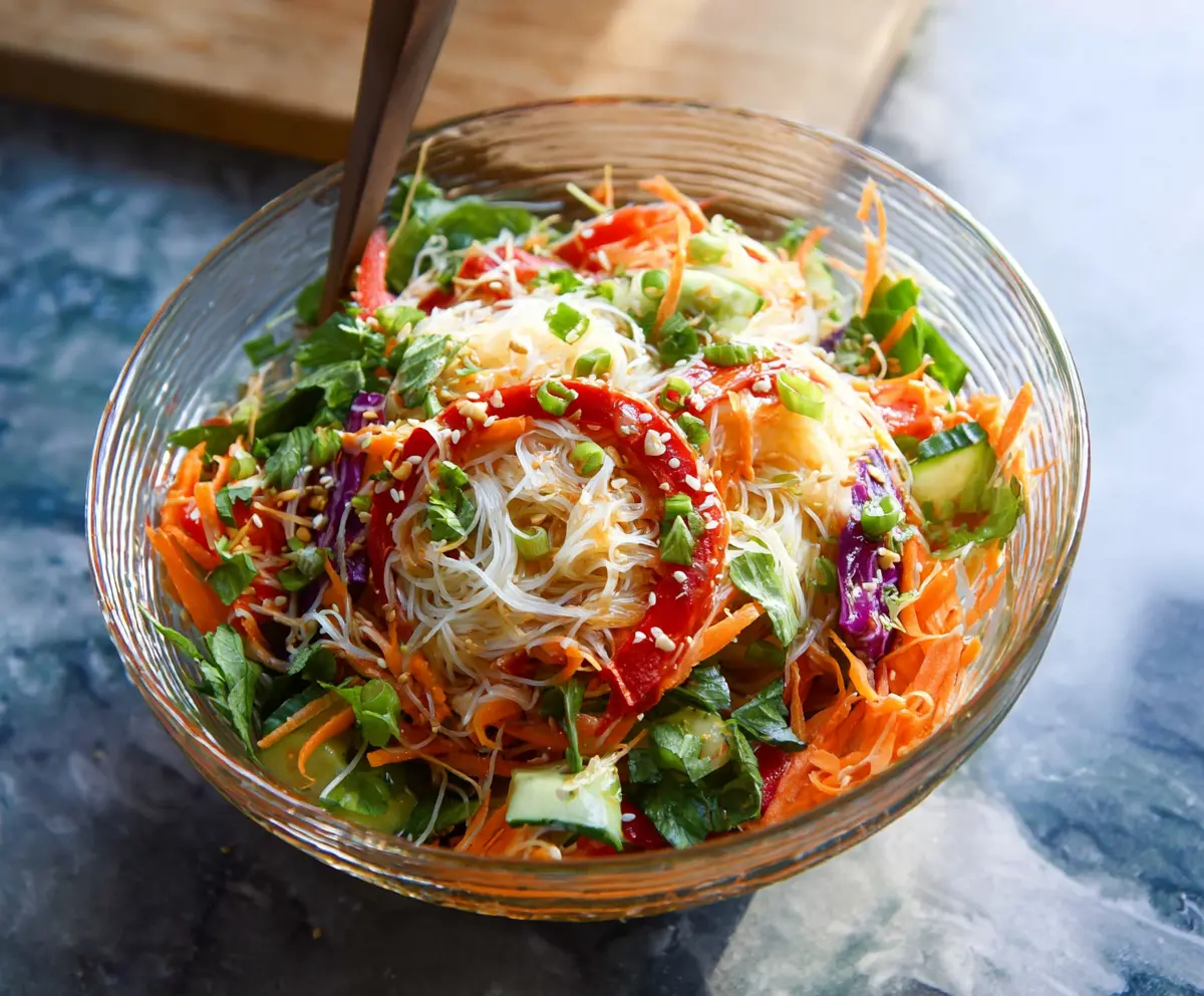 Fresh spring roll salad with colorful vegetables and crispy rice paper wraps served with spicy ginger dressing.