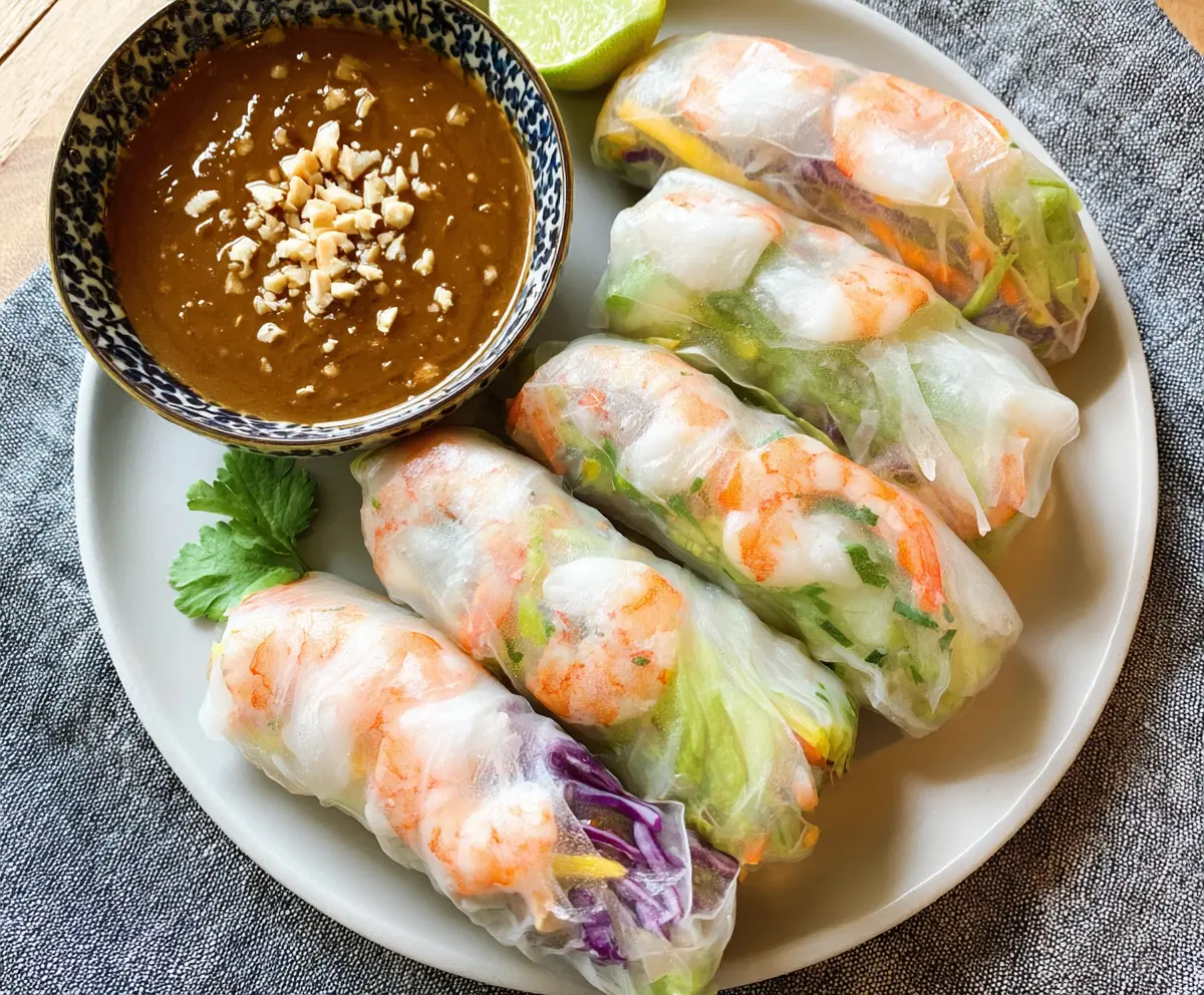 Fresh spring rolls filled with vegetables served with creamy peanut sauce, perfect for a healthy snack or appetizer.