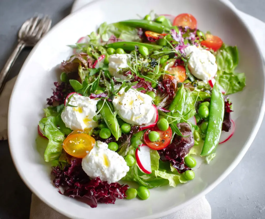 Fresh spring salad with goat cheese, mixed greens, and colorful vegetables in a bowl.