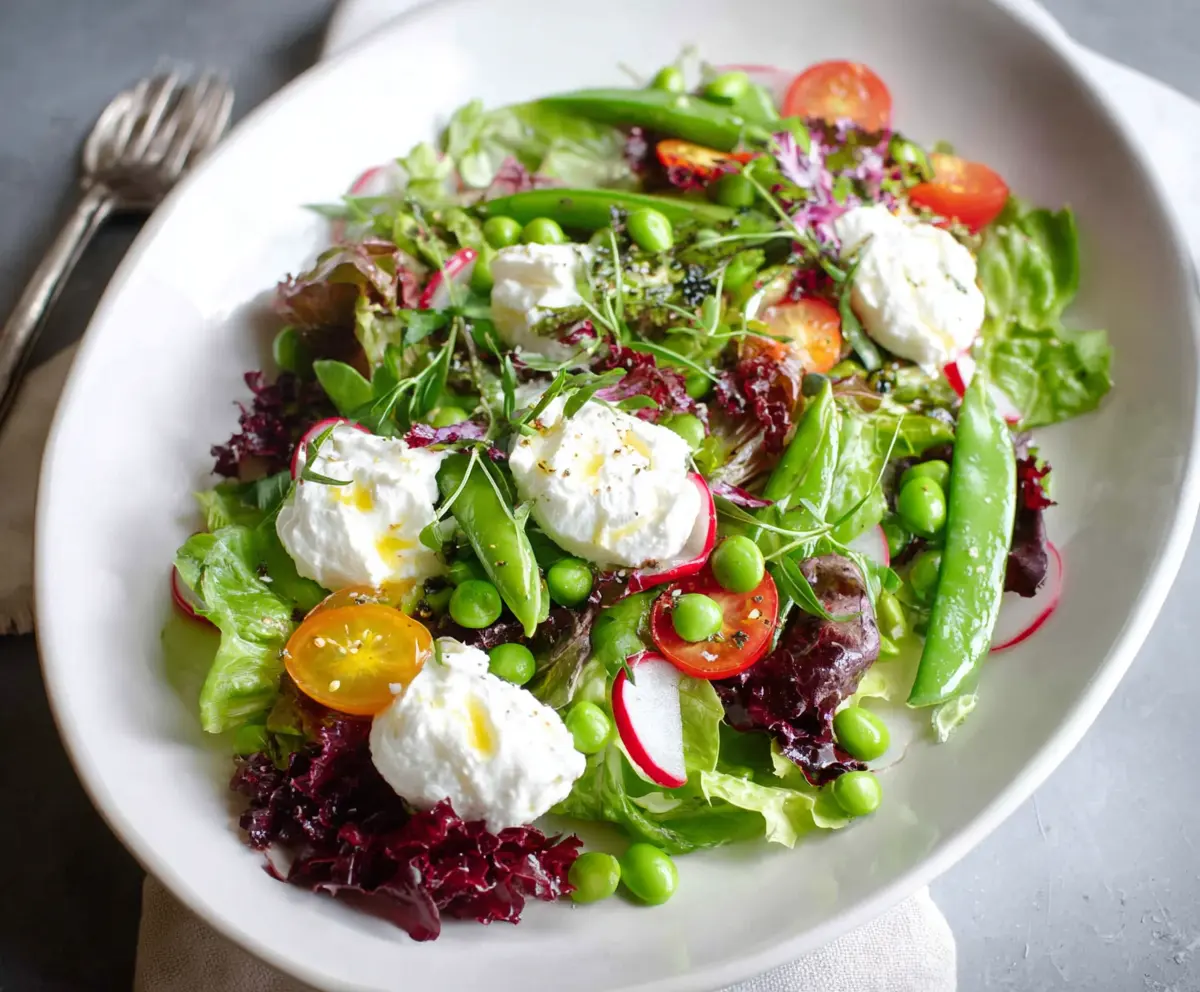 Fresh spring salad with goat cheese, mixed greens, and colorful vegetables in a bowl.