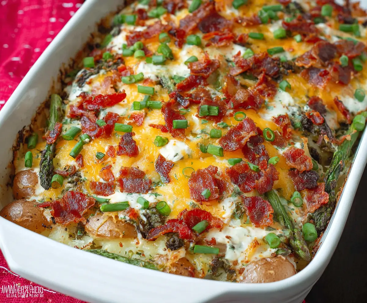 Delicious Spring Veggie Loaded Chicken Potato Casserole featuring fresh vegetables and tender chicken in a savory casserole dish.