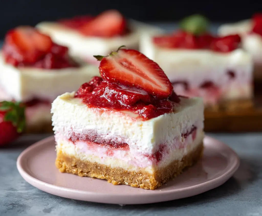 Delicious strawberry cheesecake bars with a creamy topping and fresh strawberries on top.