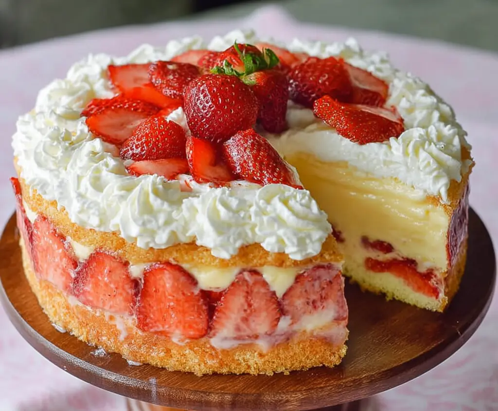 Delicious strawberry custard cake with fresh strawberries and creamy custard filling