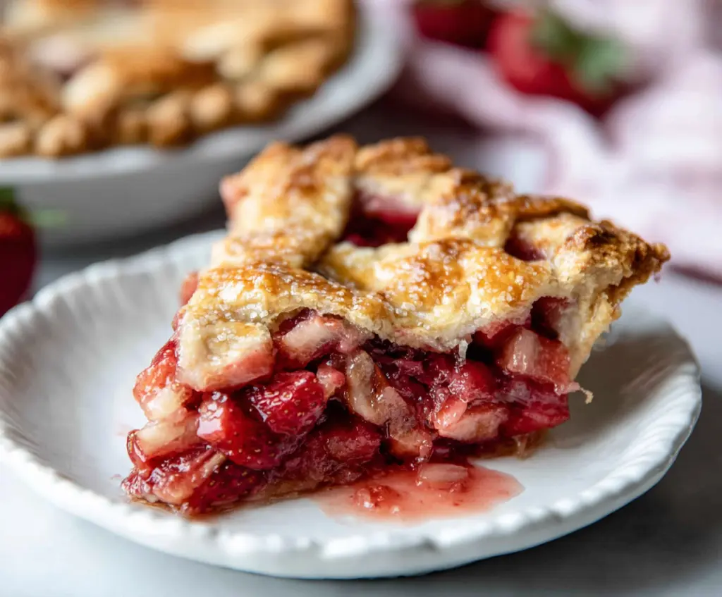 Delicious homemade strawberry rhubarb pie with a golden crust and vibrant filling.