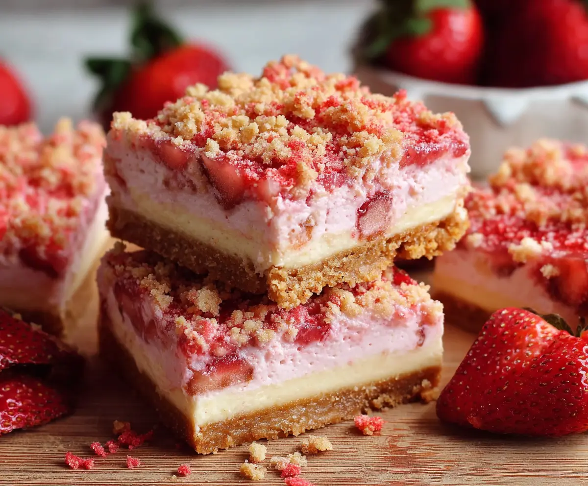 Delicious strawberry shortcake cheesecake bars with fresh strawberries and creamy layers.