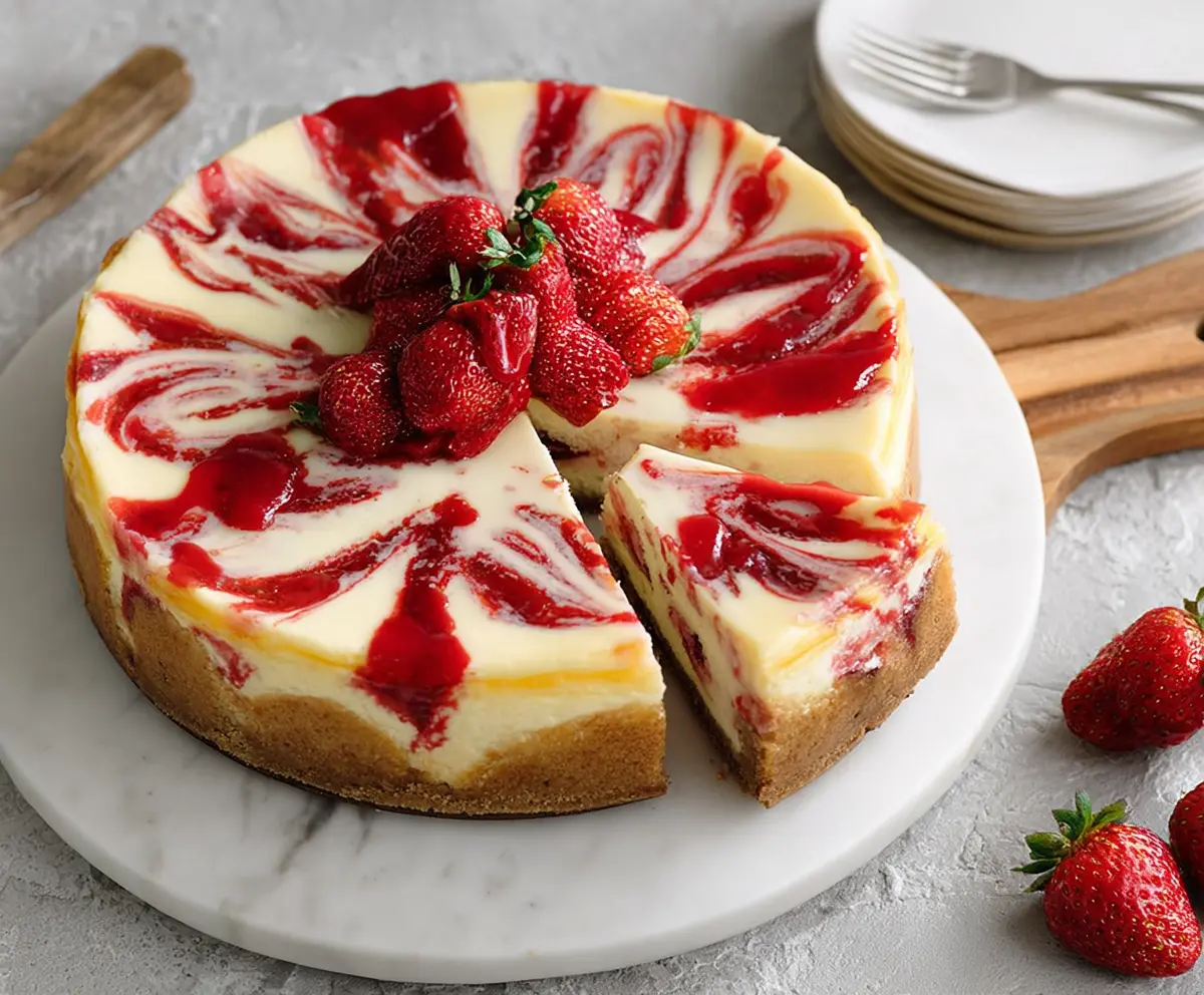 Delicious strawberry swirl cheesecake with a creamy texture and vibrant fruit topping