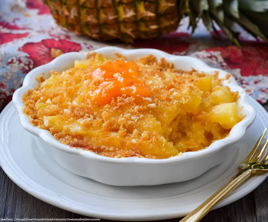 Delicious Sweet and Sour Pineapple Casserole topped with pineapple chunks and crunchy crust.