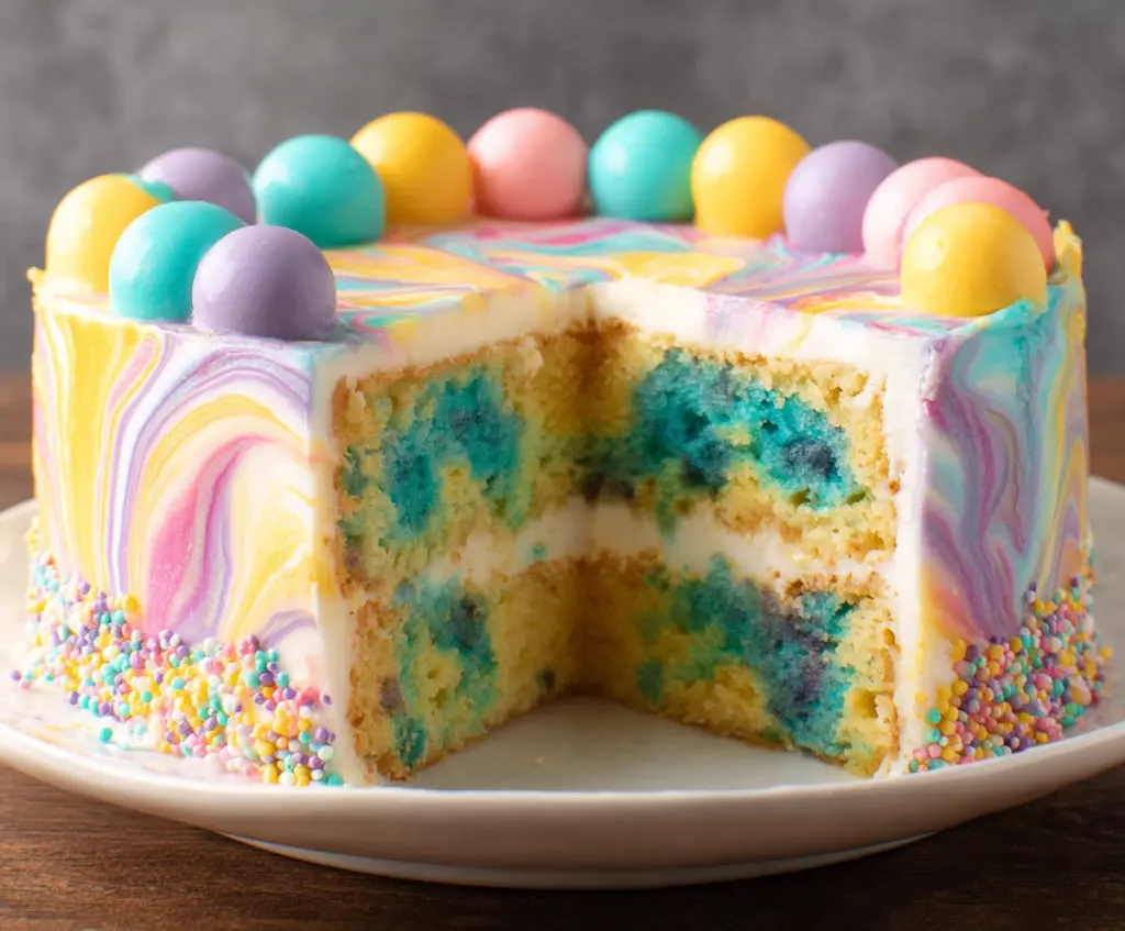 Colorful Swirled Easter Cake with vibrant icing and festive decoration.