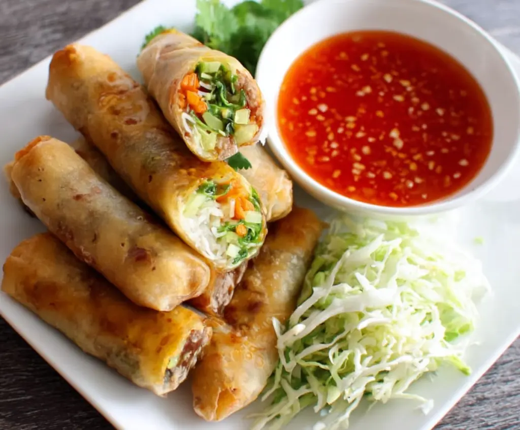Delicious Thai Chicken Spring Rolls served with sweet chili sauce on a white plate.