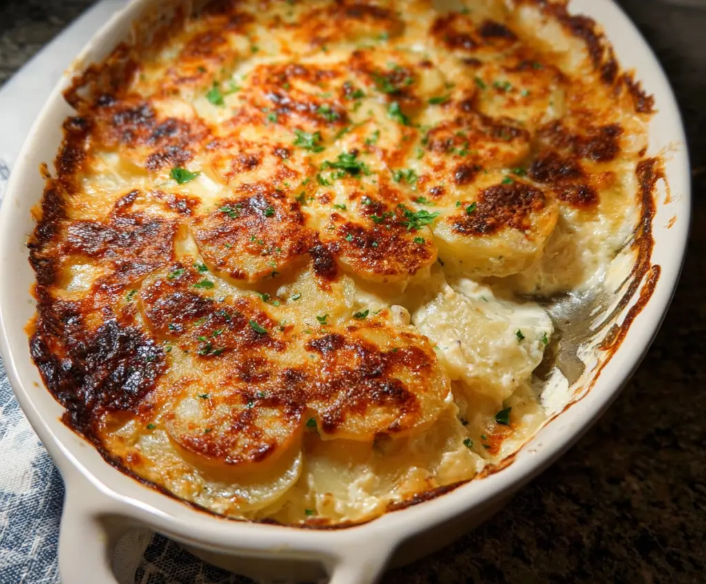 Delicious three cheese scalloped potatoes served in a baking dish with melted cheese on top.