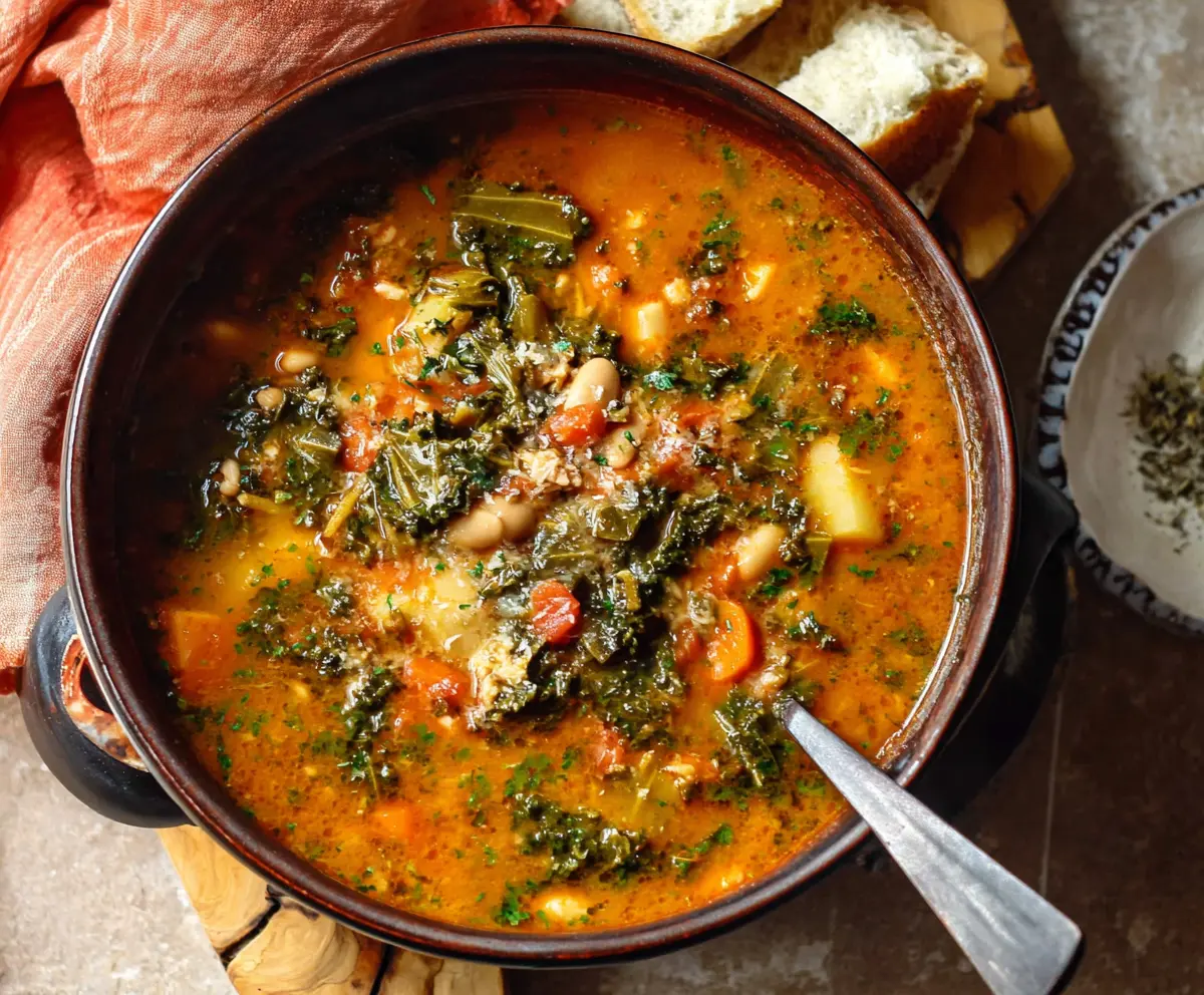 Hearty Tuscan Ribollita soup in a bowl with fresh vegetables and bread croutons.