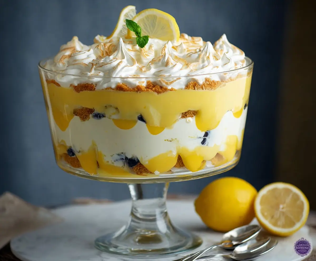 Delicious Vanilla Lemon Trifle layered with creamy custard and fresh lemon slices.