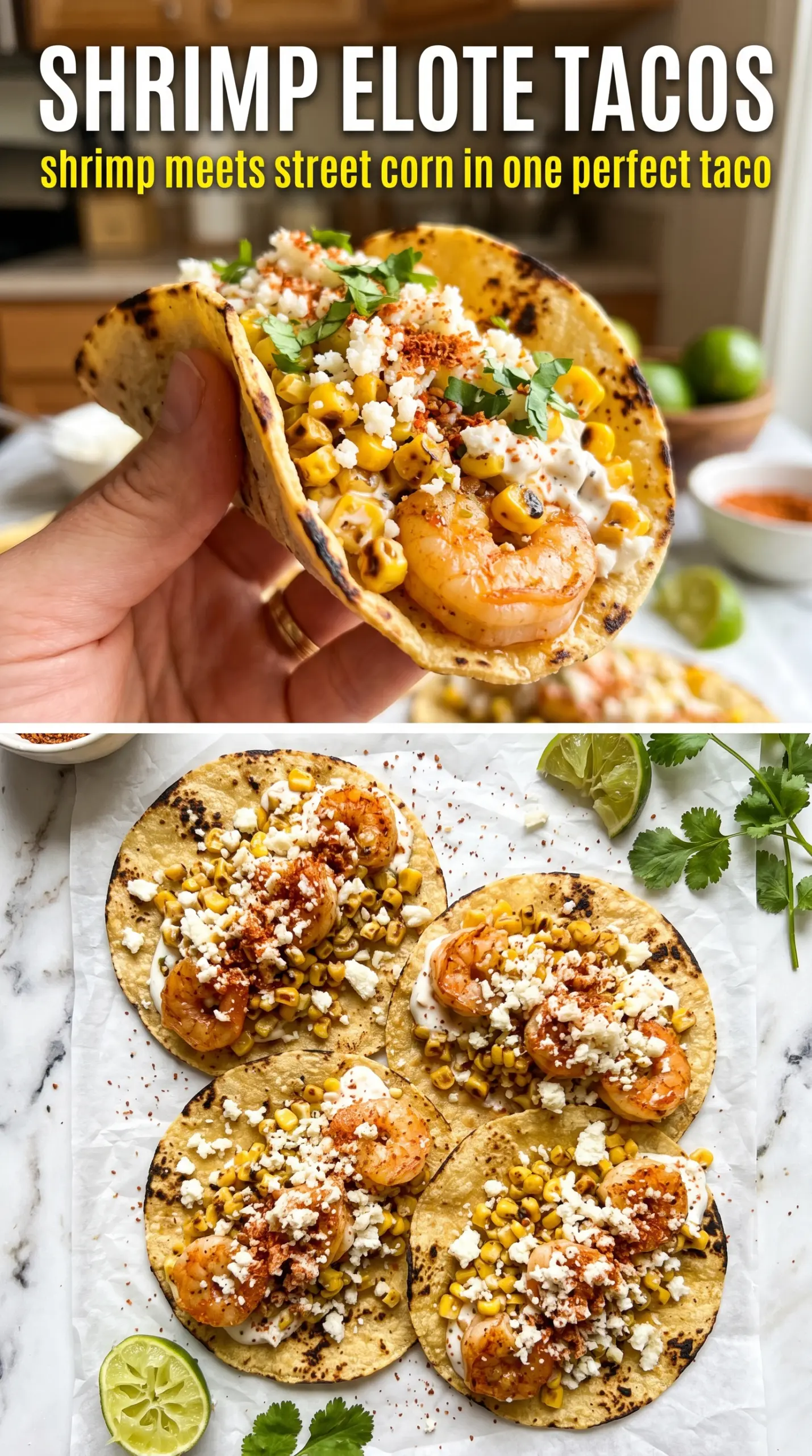 Shrimp Elote Tacos charred shrimp creamy cotija