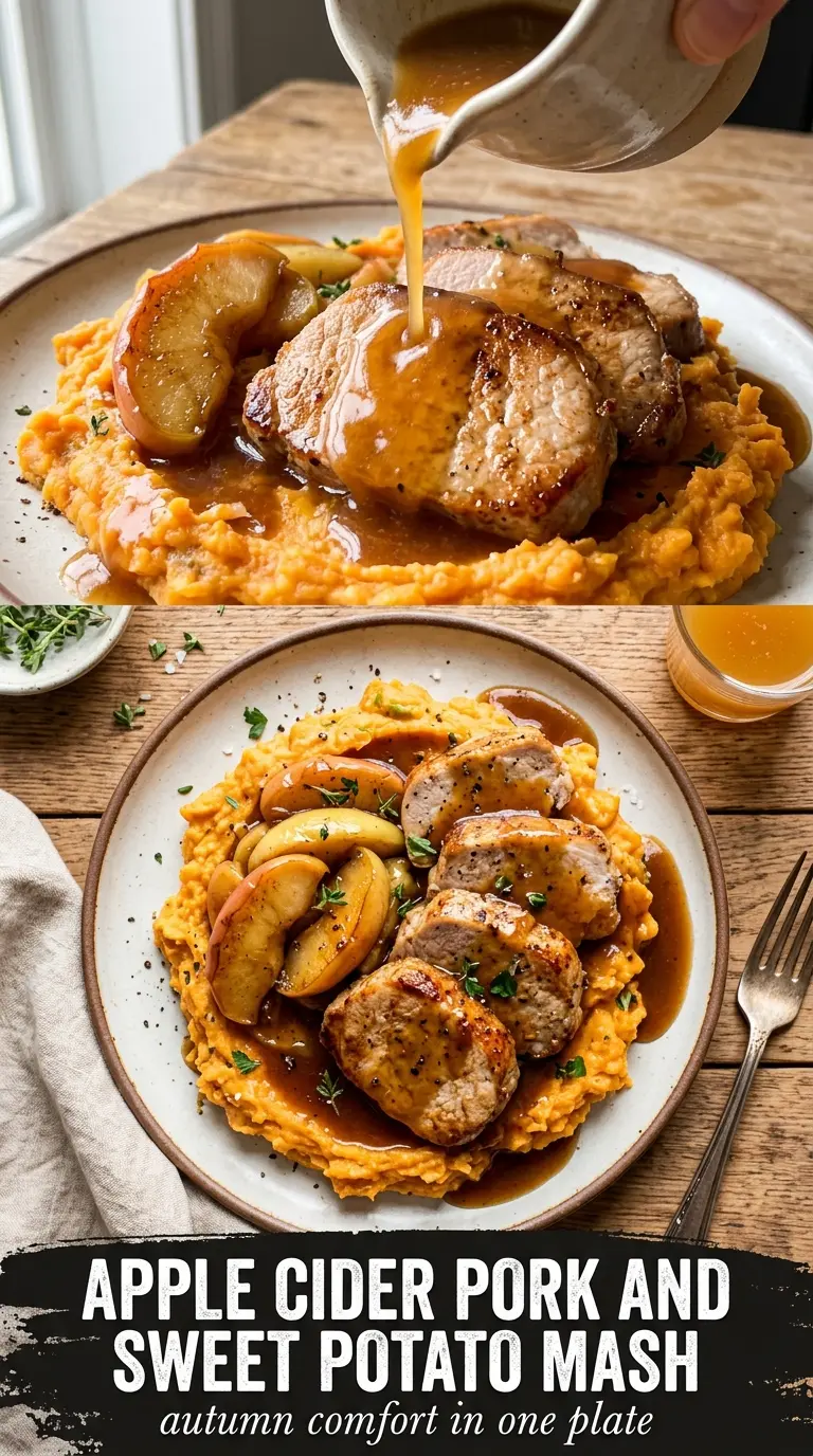 Apple Cider Pork with Mashed Sweet Potatoes, savory, caramelized, comforting
