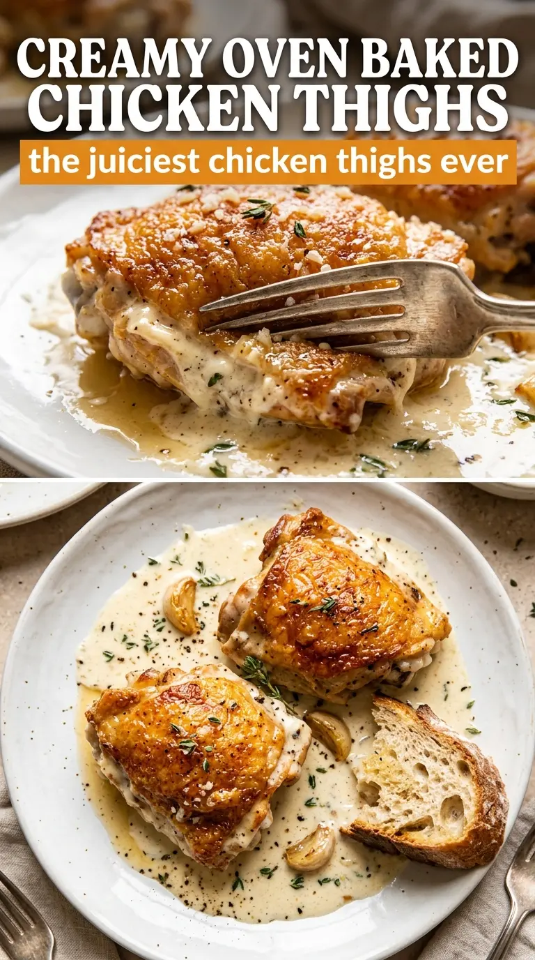 Creamy Oven Baked Chicken Thighs garlicky rich golden