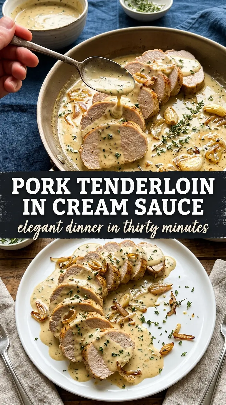 Creamy Pork Tenderloin creamy mushrooms, skillet sauce, herb-flecked