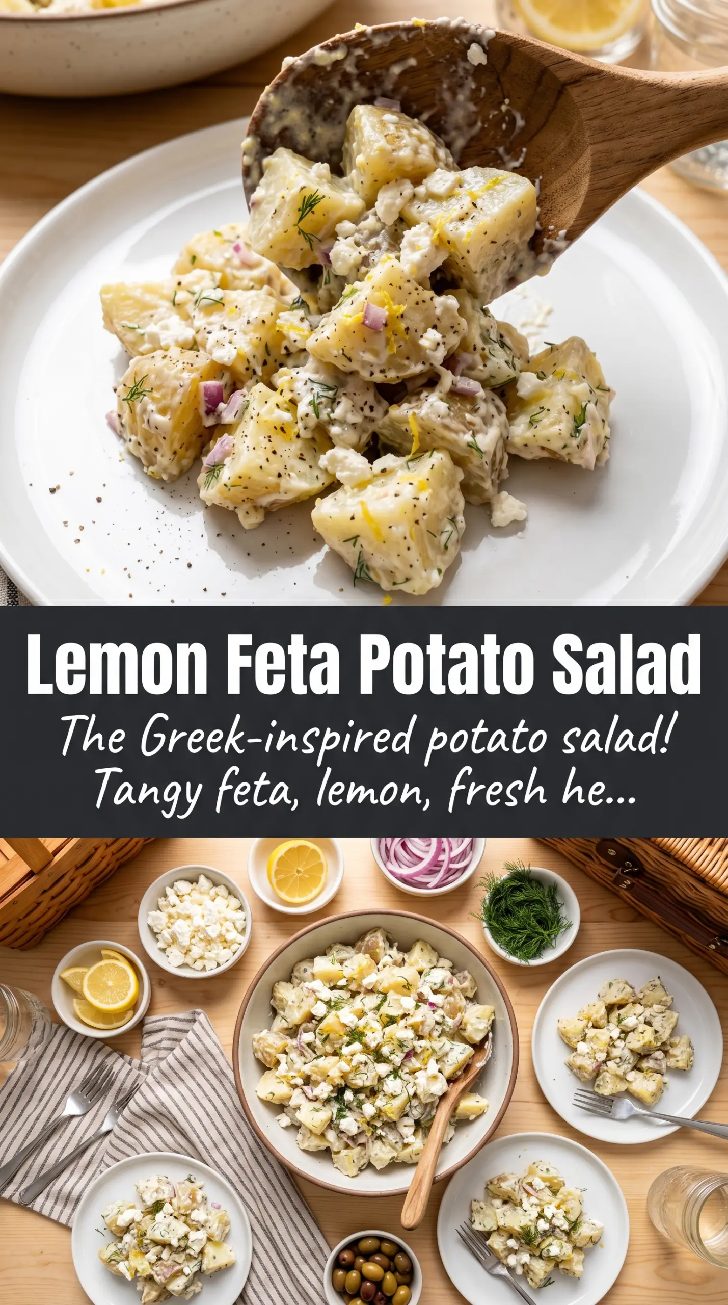 Potato and Feta Salad with lemon-herb, olives, and creamy potatoes