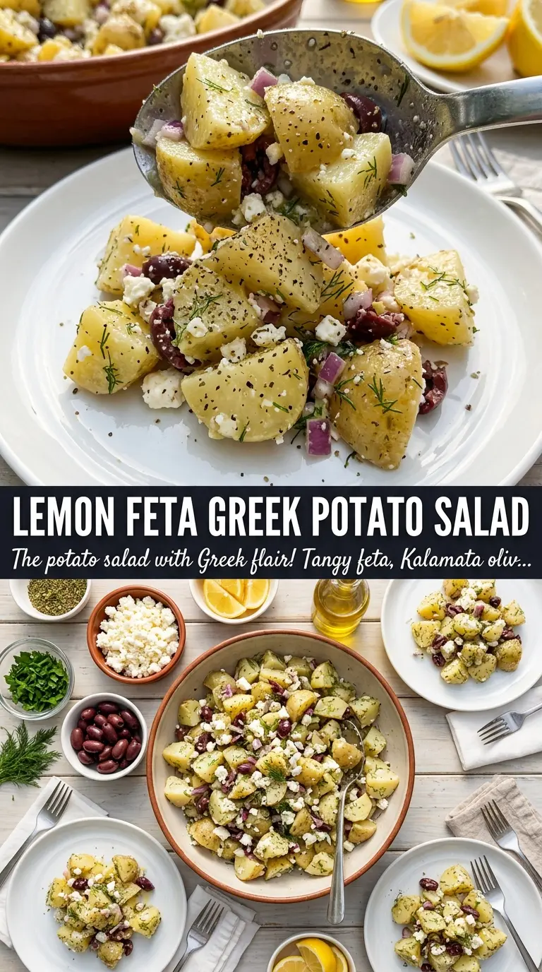 Greek potato salad with feta, olives, lemon oregano