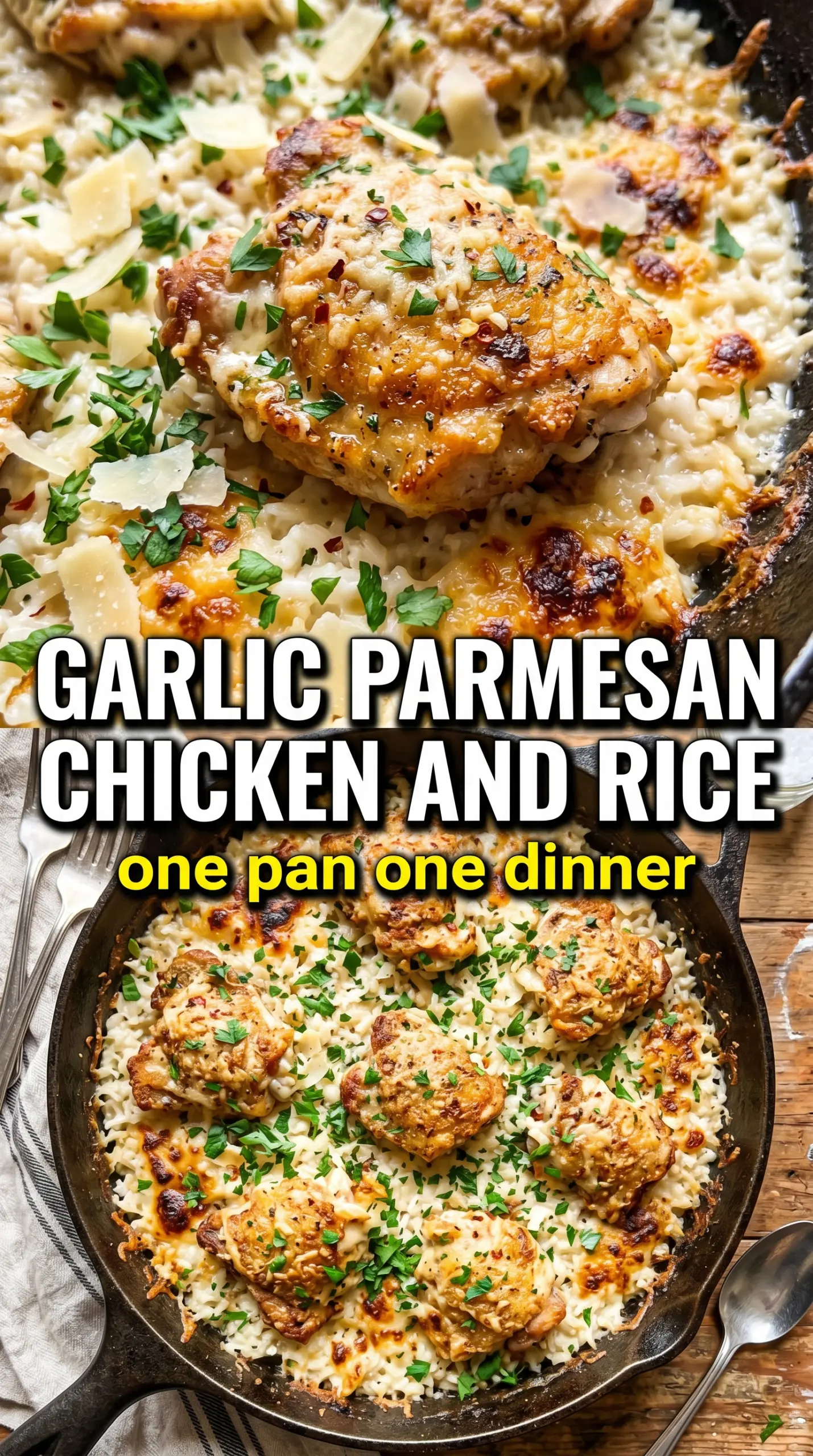 One-Pan Garlic Parmesan Chicken and Rice golden crispy rice