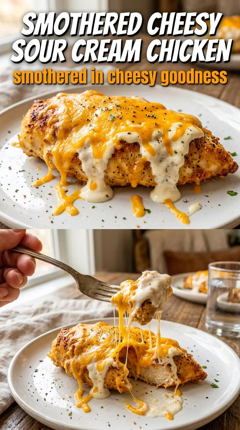 Smothered cheesy sour cream chicken golden bubbly