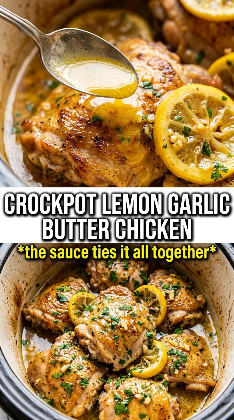 Crock Pot Lemon Garlic Butter Chicken Thighs golden buttery chicken, lemony, herby