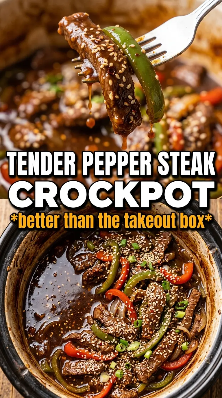Pepper Steak in a Crock Pot glossy saucy tender beef