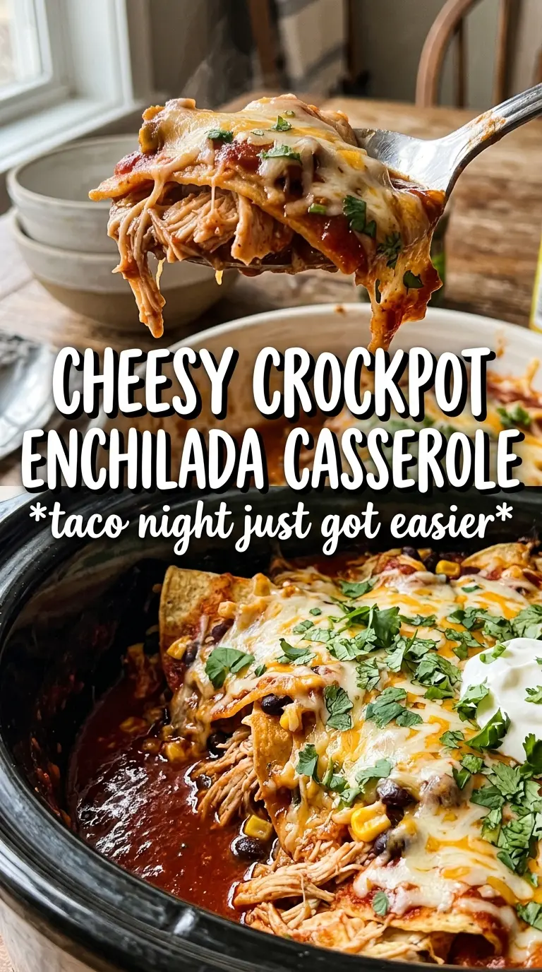 Crockpot Chicken Enchilada Casserole layered, cheesy, saucy