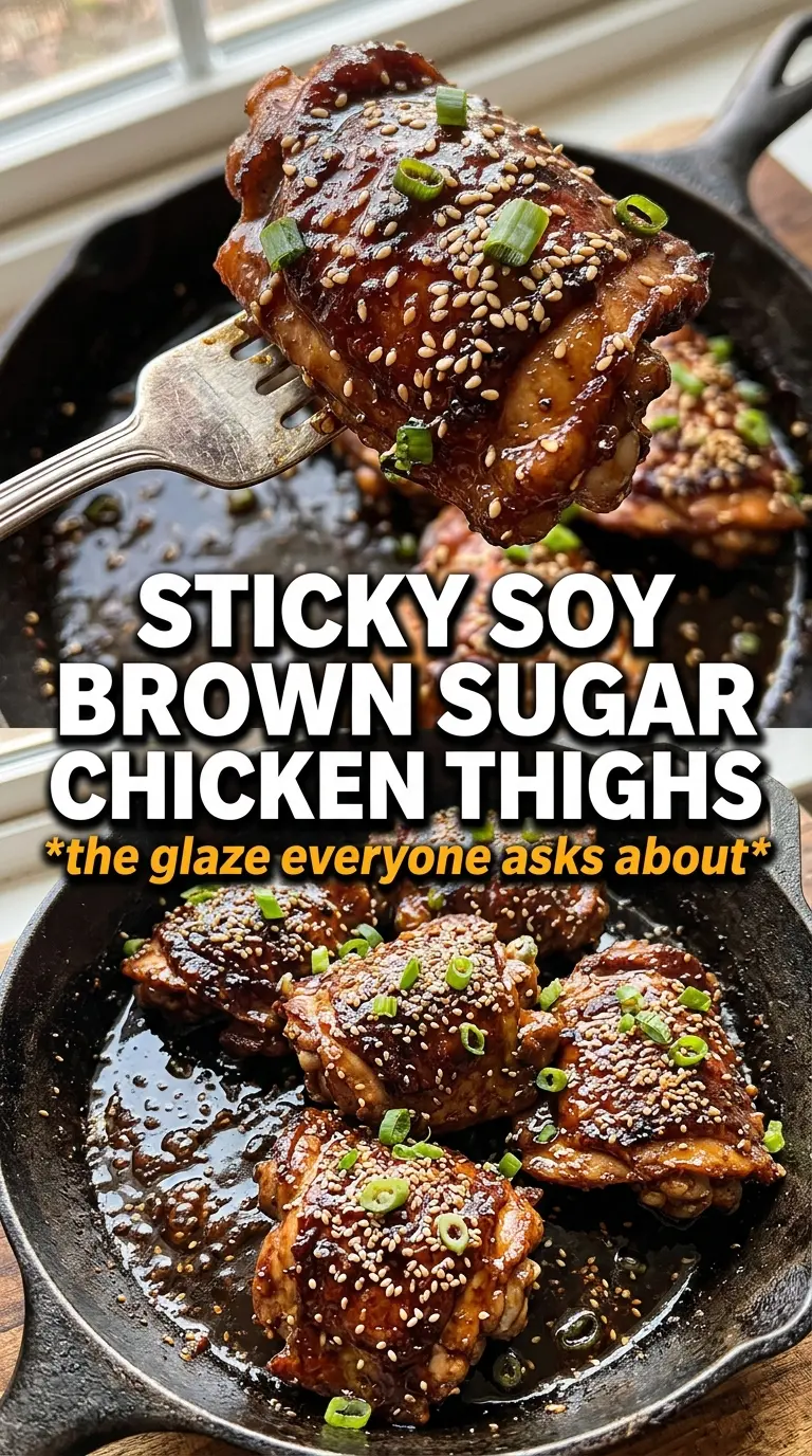 Glazed Soy Sauce Brown Sugar Chicken Thighs with sticky glaze, caramelized skin, sesame garnish