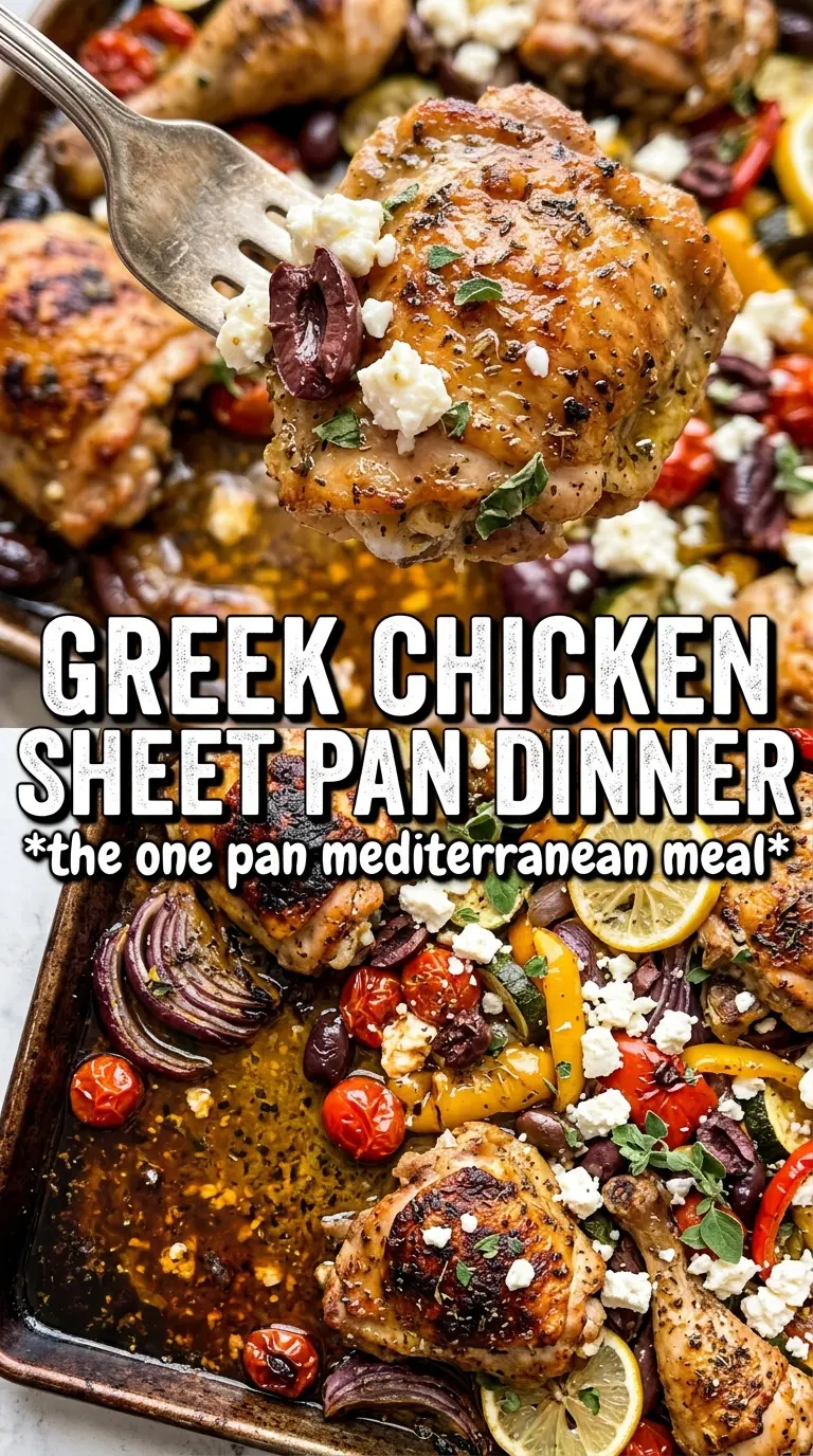 Greek sheet pan chicken dinner with lemon oregano chicken, roasted vegetables, feta
