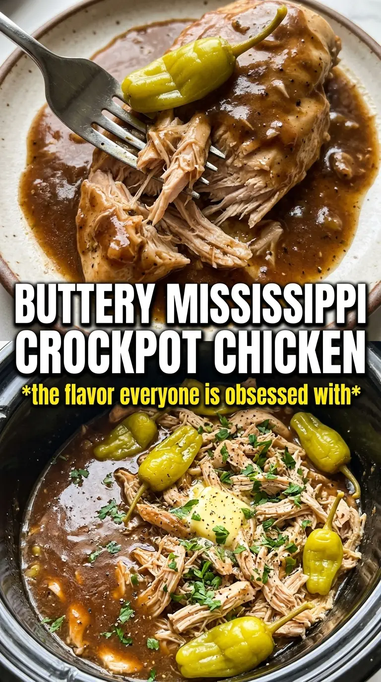 Mississippi Crockpot Chicken shredded pepperoncini buttery