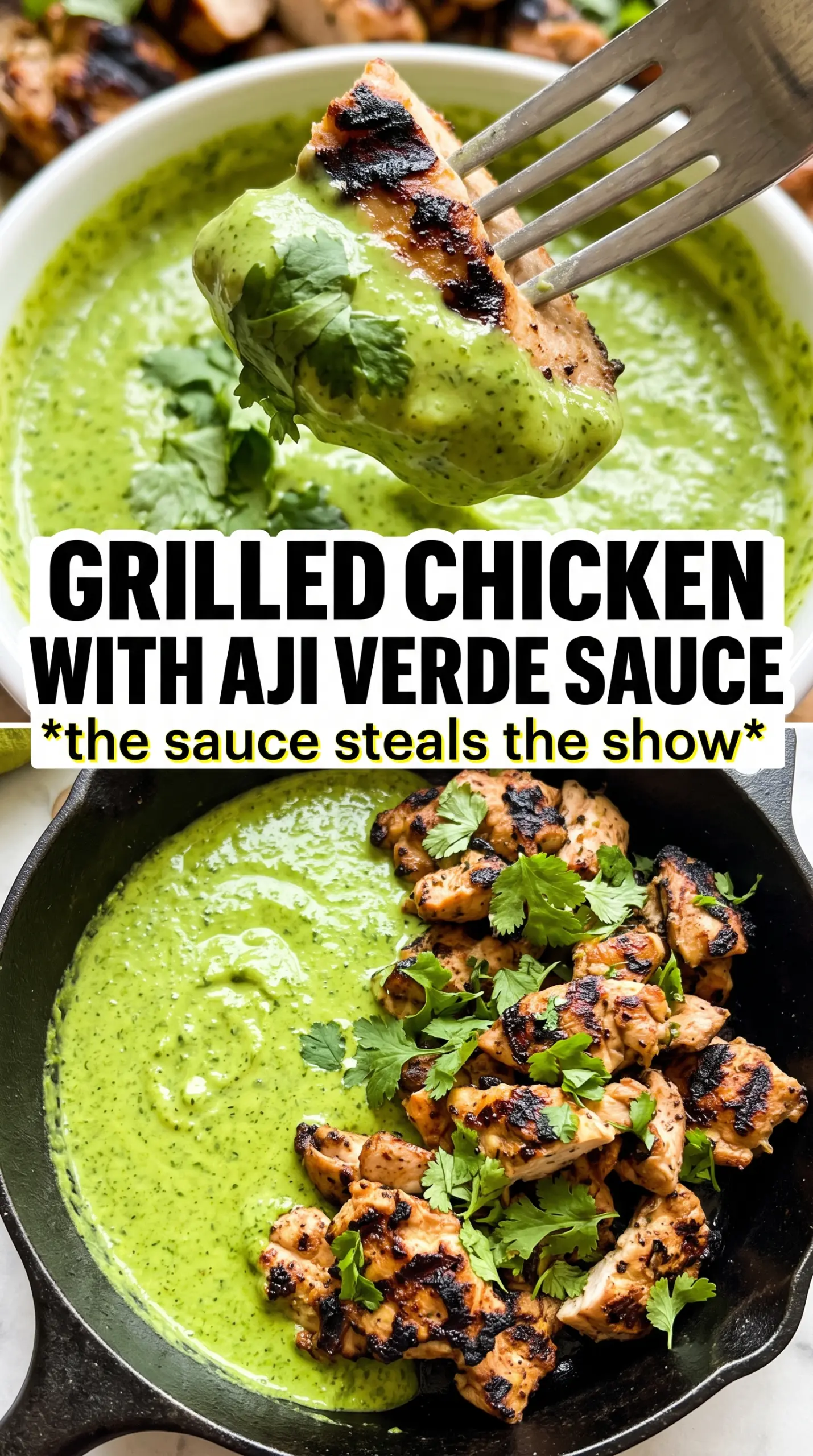 Peruvian Grilled Chicken with Creamy Green Sauce, charred, herbaceous, spicy