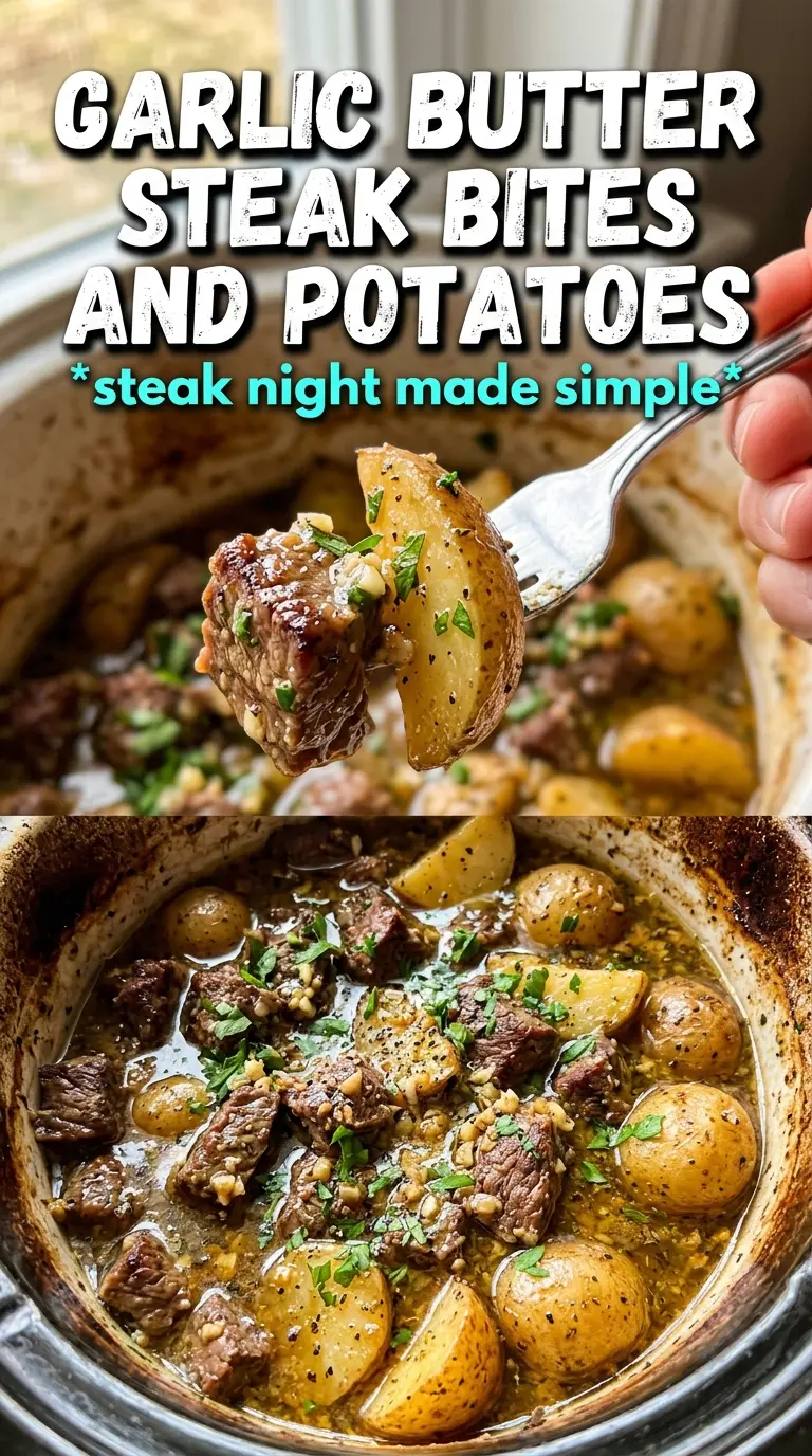 Slow Cooker Garlic Butter Beef Bites with Potatoes garlic butter tender beef