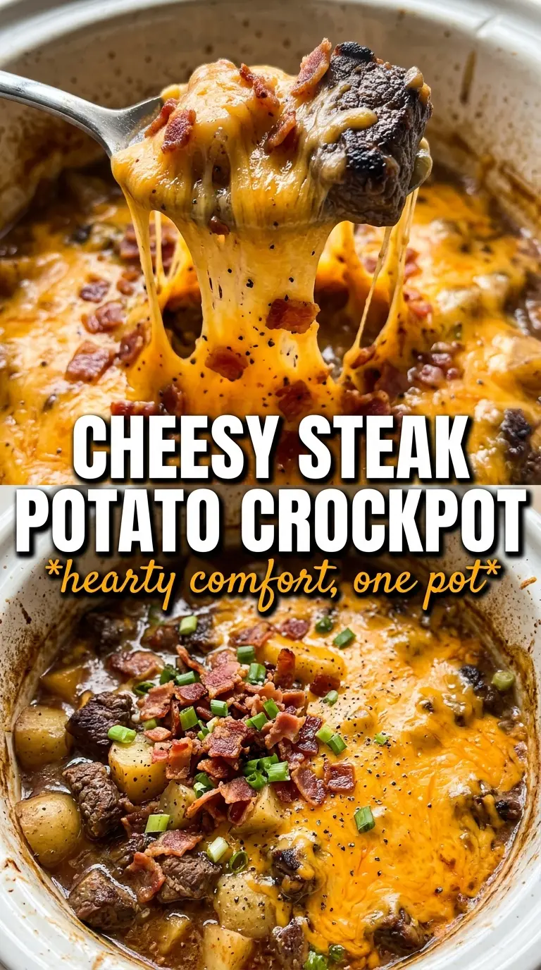 Slow Cooker Steak and Cheddar Potato Casserole cheesy steak potato layers