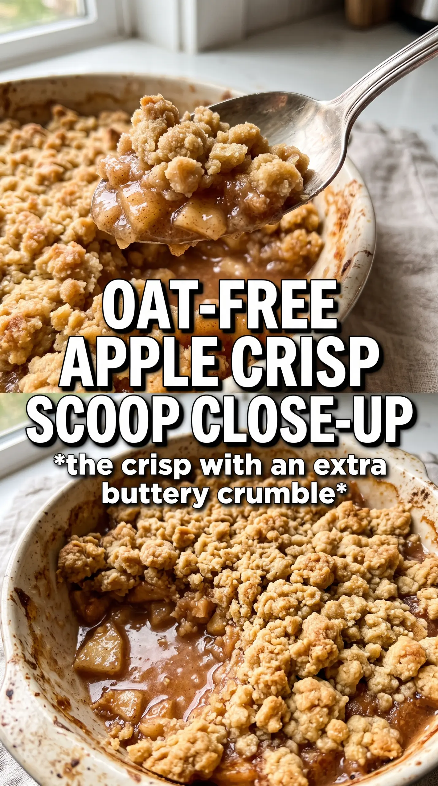 Apple Crisp Without Oats sandy golden crumble, cinnamon apples, baked dessert