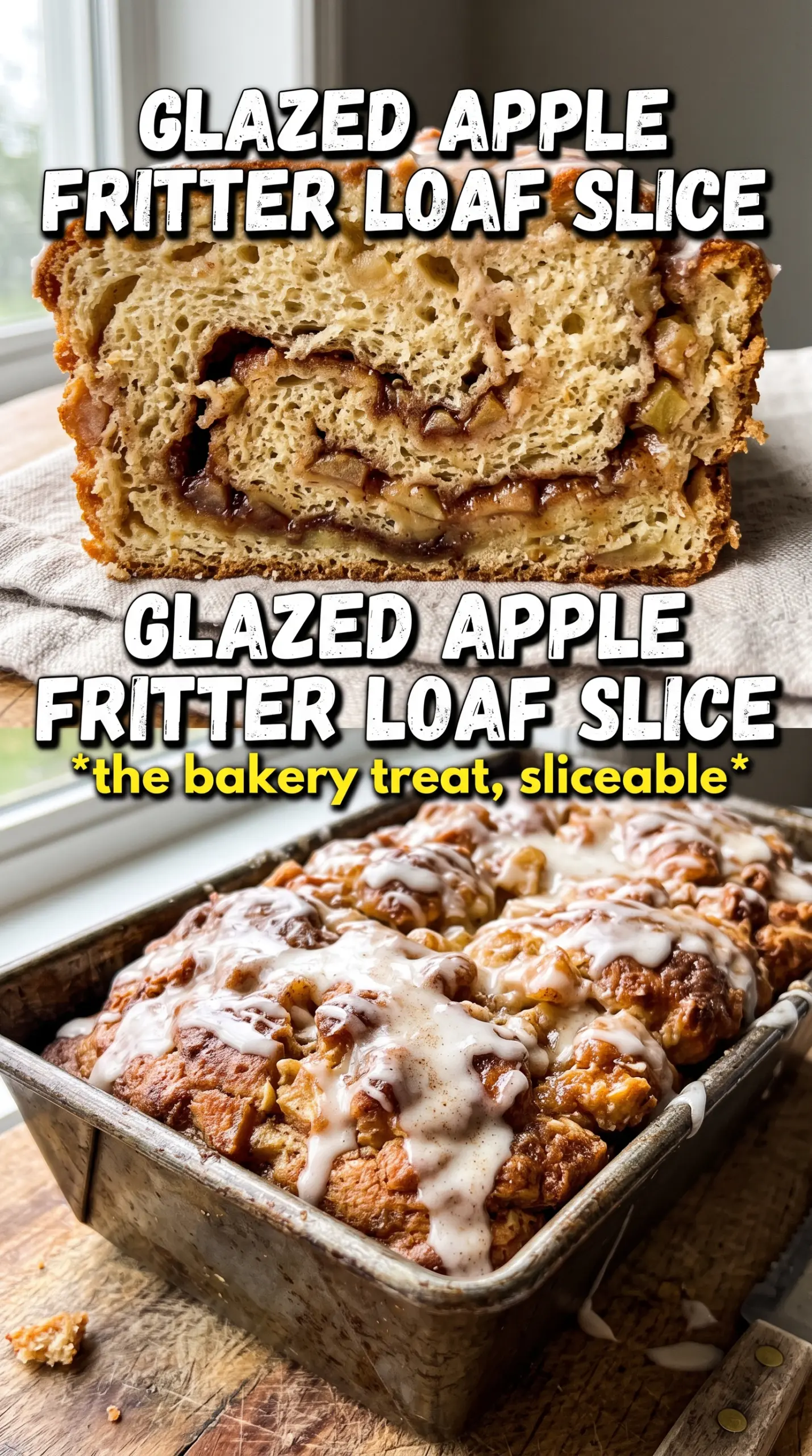 Apple Fritter Bread golden glazed, cinnamon-apple swirl