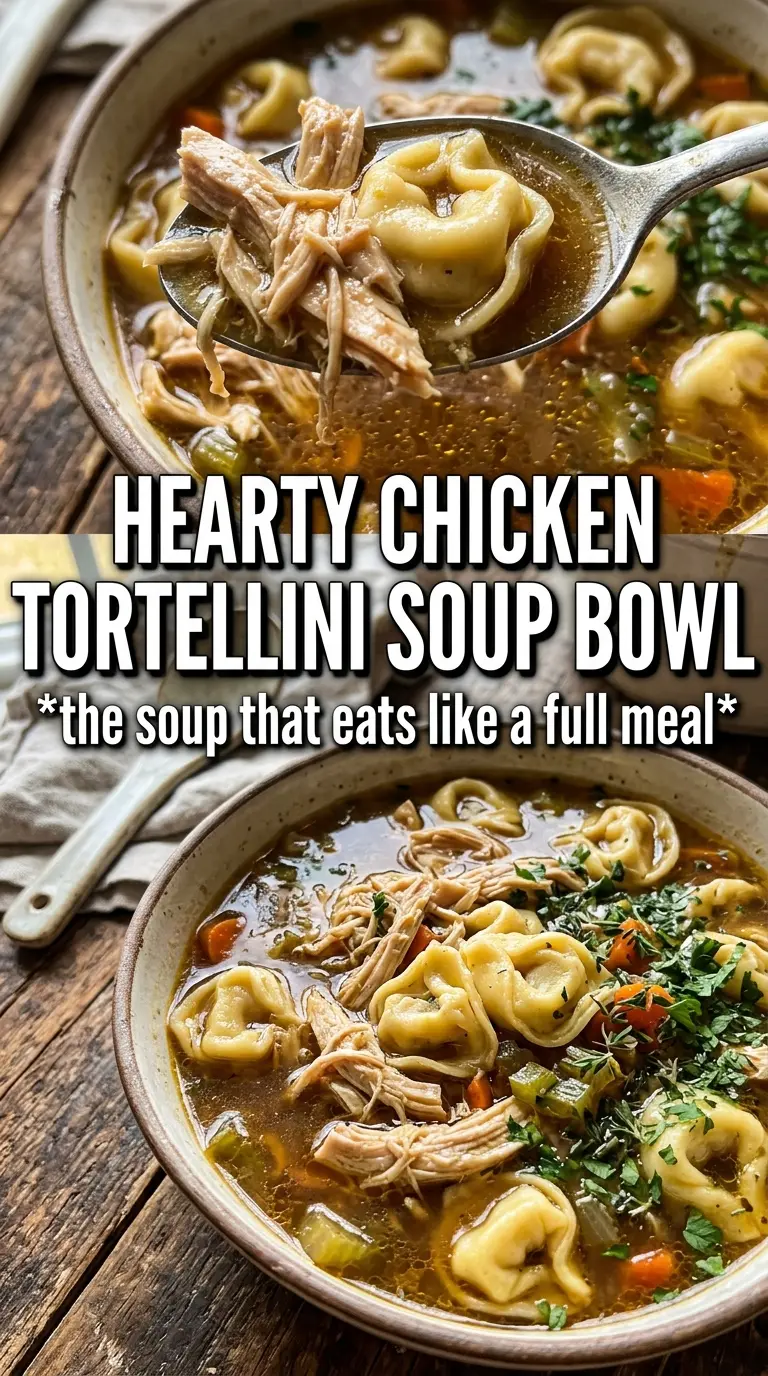 Chicken Tortellini Soup golden broth, cheese tortellini, fresh herbs