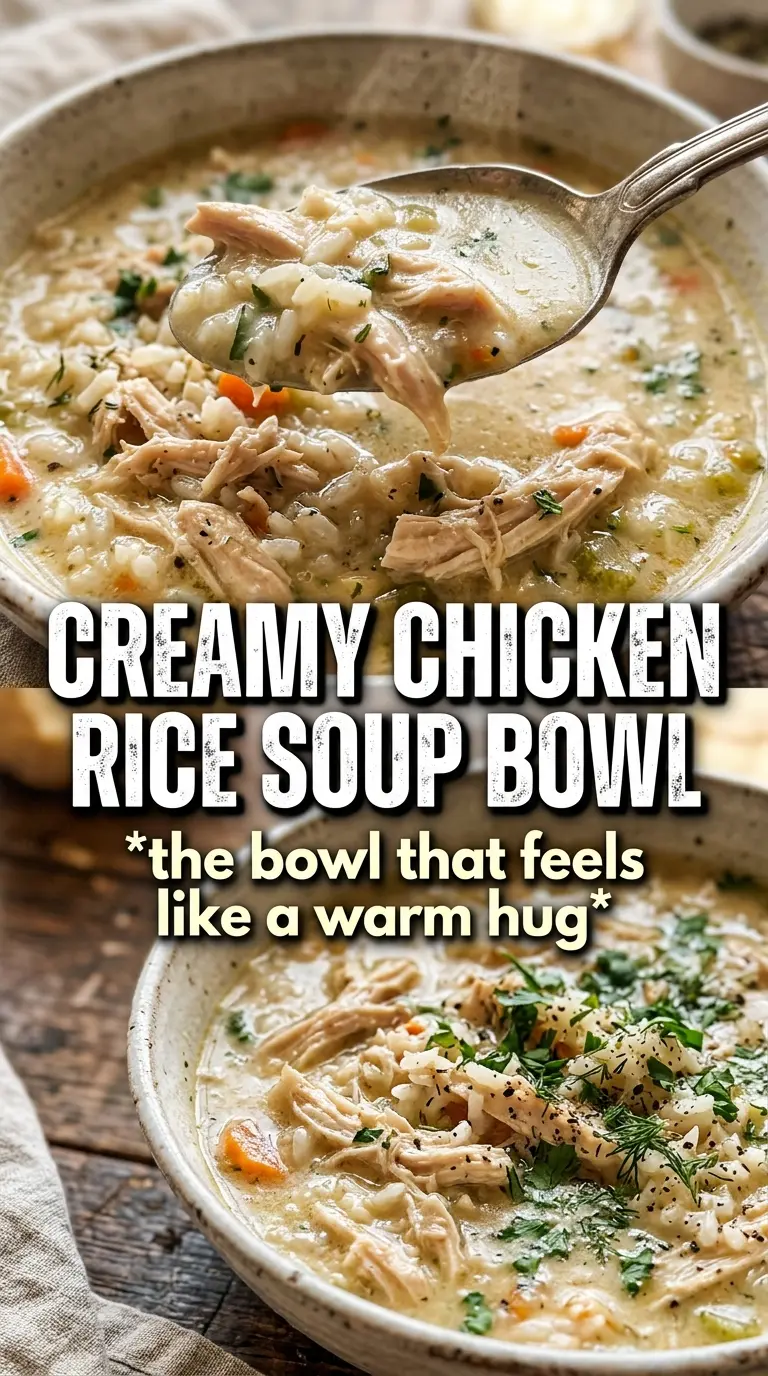 Creamy chicken and rice soup, velvety broth, tender vegetables