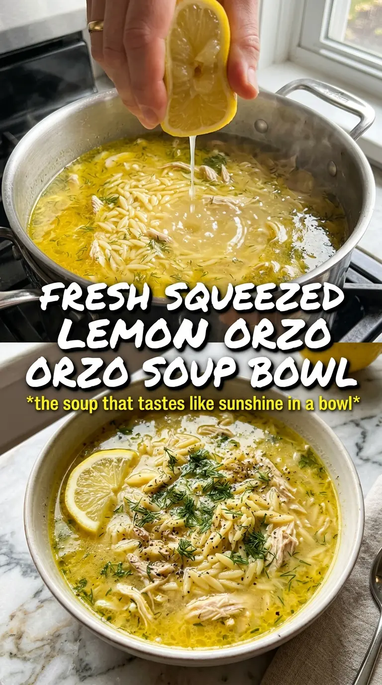 Lemon Chicken Orzo Soup bright herb broth, shredded chicken, spinach