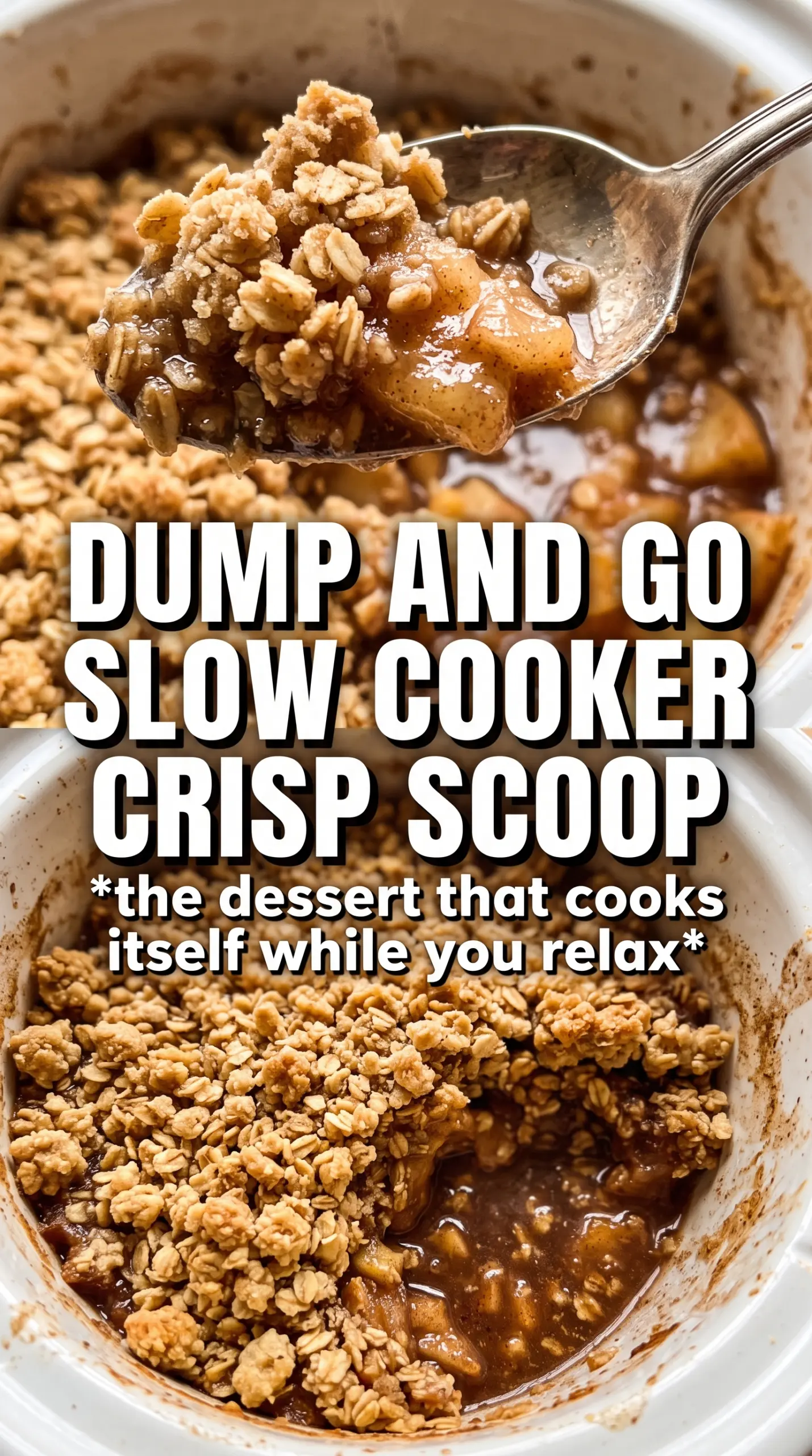 Slow Cooker Apple Crisp tender cinnamon apples, golden oat topping, caramel drizzle