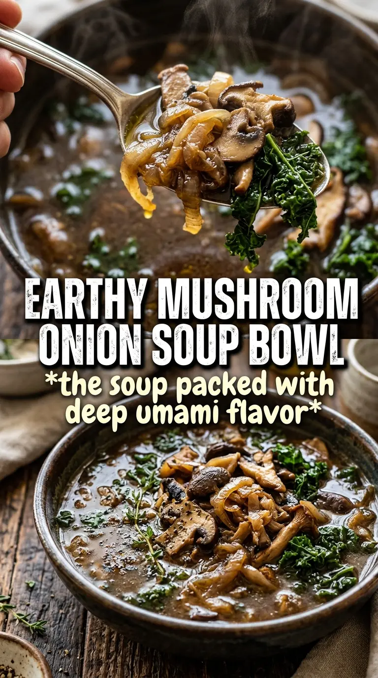 Wild Mushroom Caramelized Onion and Kale Soup earthy, savory, truffle finish